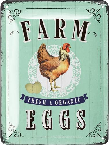 LANOLU Retro Blechschild Hühnerstall Schild - Hühner Schild frische Eier FARM FRESH EGGS - Hühner Deko Geschenk als Hühnerstall Zubehör und Wanddeko für die Küche, Metallschild15x20cm