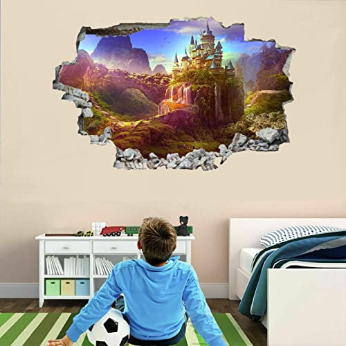 Schloss Wandtattoo 3D Durchbruch Gebäude Wandsticker Wanddekoration selbstklebend Berge Abnehmbare Wandaufkleber Deko Schlafzimmer Wohnzimmer Kinderzimmer Kunst Wohnkultur Wandbilder