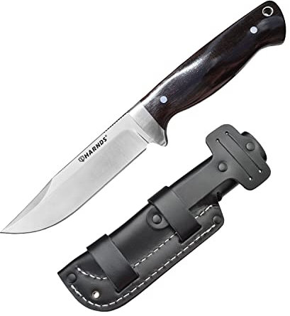 Harnds Defender D2, cuchillo de caza de hoja fija de acero de espiga completa para acampar al aire libre, cuchillo de hoja fija de supervivencia Bushcraft (Ebony Griff+Leder scheide)