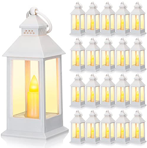 Hoolerry 24 Set Ramadan Lanterns Vintage Lanterns with Flickering LED Lantern with LED Candles 5.5'' Decorative Hanging Candle Lantern Battery Powered Decorative Lantern for Wedding Table(White)