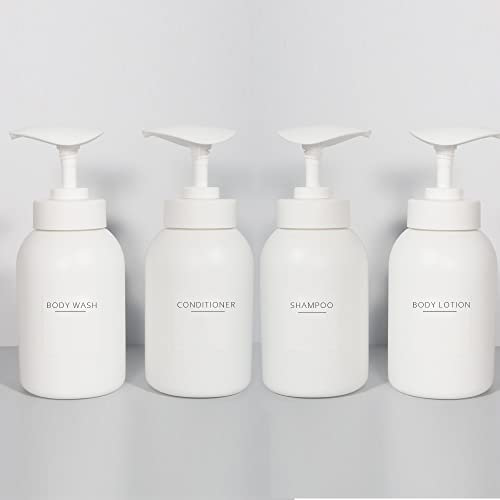 Ezebesta Set of 4 300ml Minimalist Soap Lotion Pump Dispensers with 22 Labels Bathroom White Dispenser Bottles