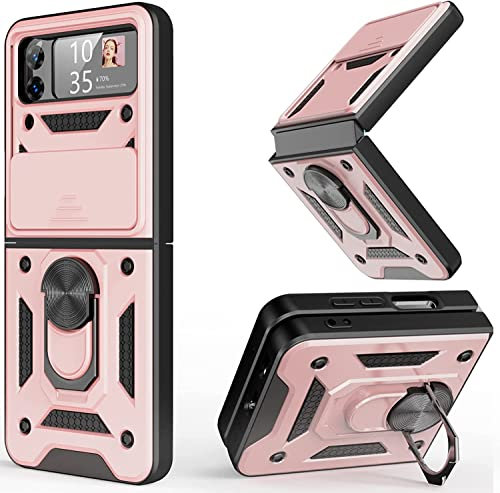 Compatible pour Samsung Z Flip 4 avec Slide Camera Cover Antichoc, Ring Kickstand Magnetic Case pour Galaxy Z Flip4 5G (Rose Gold)