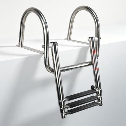Manumarine Pontoon Boat Ladder 3 Step Folding,Stainless Steel Rear Entry Inboard Ladders Over Platform
