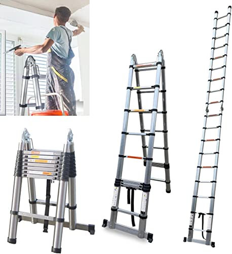 Telescopic Ladder 5M with Stabiliser, Multi-Purpose Foldable Step Ladder, 2.5M+2.5M A-Frame Stainless Steel Extendable Ladder Loft Ladder Adjustable Step with EN131