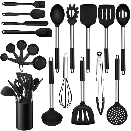 TEAMFAR Küchenhelfer, 20 Stück Silikon Schwarz Kochbesteck Kochutensilien Set mit Edelstahlgriff, Hitzebeständiger Antihaft Küchenutensilien mit Utensilienhalter, Gesund & Leicht zu reinigen
