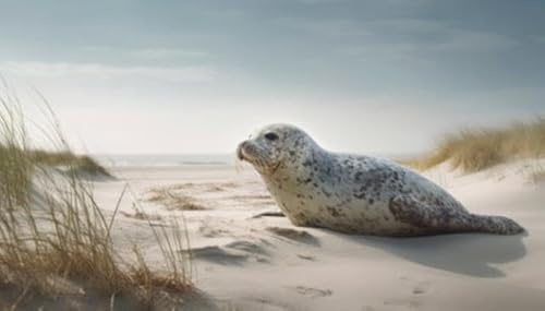 adrium Leinwand-Bild 110 x 60 cm: Robbe ruht auf einer Sanddüne, umgeben von Strandhafer. Die wunderschöne Küstenlandschaft Dänemarks bietet die perfekte (202323382)