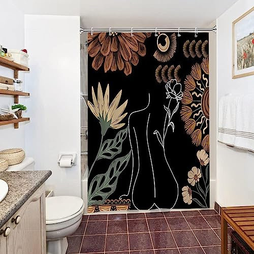 Uiiooazy Rideau Douche Noir, Rideau de Douche 150x200cm Anti Moisissure Abstrait Feuilles Vert Fleuri Rideaux de Baignoire Tissu Lavable Imperméable Polyester Rideaux Salle de Bain avec 10 Crochets