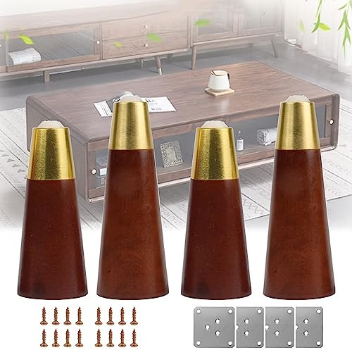 4 Stück Möbelbeine aus Massivholz,Konische Sofabeine Metall Tischbeine für Sofa Bett Schrank Couch Stuhl mit Gold Messing Abdeckung Montageplatten Schrauben (15cm(5.9in),Nussbaum)