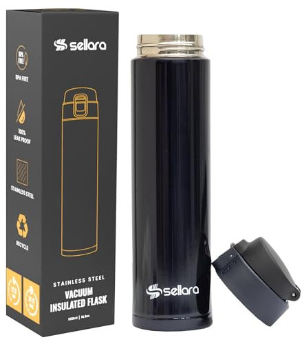 SELLARA Termo de doble pared al vacío, botella de agua aislada de acero inoxidable, tapa sin BPA, termo para bebidas calientes y frías, taza de café de viaje, botella de agua deportiva, 500 ml