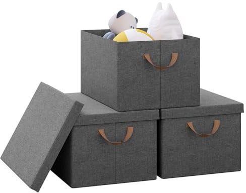 WOLTU Collapsible Storage Boxes Set of 3, Non-Woven Fabric Storage Boxes with Removable Lid, Handles, Metal Frame, 36L, Grey, 43x33x26cm, ABB03gbn-3-UK