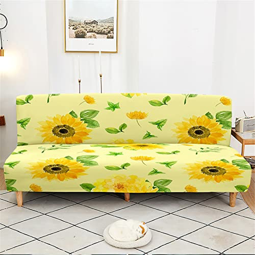 Surwin Sofabezug Ohne Armlehnen Gelbe Sonnenblume, Stretch Armlose Clic Clac Sofabettüberzug Sofahusse Schonbezug Protector für Klappcouch Schlafsofa 2/3 Sitzer (M:160-190cm,Grüne Blätter)