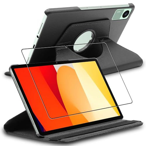 ebestStar - Hülle für Xiaomi Redmi Pad SE, Drehbar Schutzhülle, PU-Lederhülle, Rotierende Ständer Etui, Rotating Case Cover, Schwarz + Panzer Schutz Glas