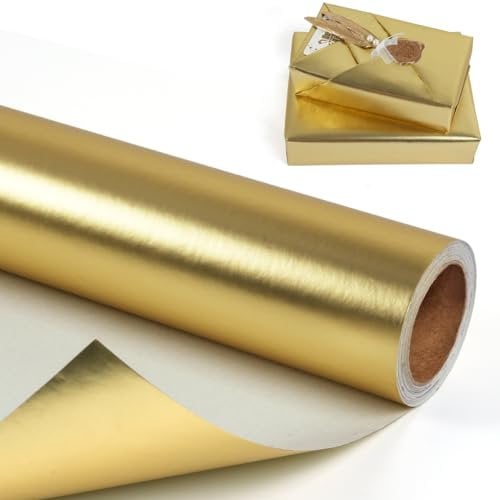 Rouleau de papier cadeau doré – 43 cm x 10 m de papier cadeau d'anniversaire doré métallisé pour homme et femme, couleur unie, mat, pour anniversaire, mariage, fête prénatale, remise de diplôme, Noël
