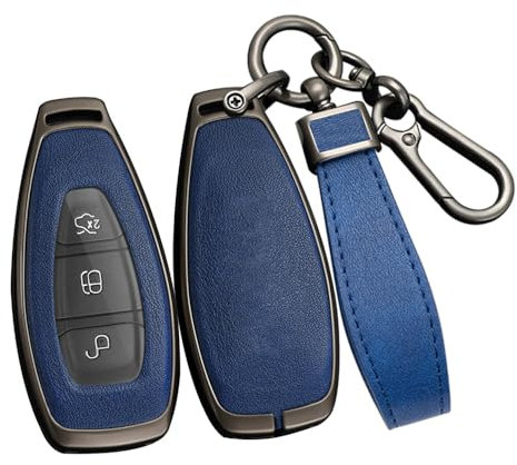 ontto Coque de clé de voiture en alliage pour Ford Fusion, Fiesta, Focus 3, 4, Mondeo, Ecosport, Kuga, Focus ST, sans clé, intelligent, en cuir, porte-clés, noir/bleu, 3 buttons