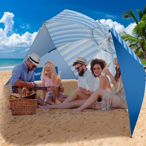 Lottafun Beach Shelter Umbrella Premiere UPF 50+ Umbrella Shelter for Sun and Rain Protection for Adult (10-Foot, Blue Stripe)
