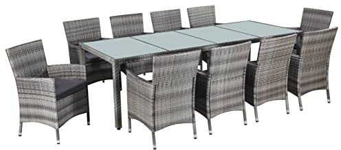 Gaseeto Rattan Essgruppe für 10 Personen Gartenmöbel Set, Garten Sitzgruppe in Grau und Weiß, Rattan Gartenmöbel Set Sitzgarnitur mit Auflagen, Gartengarnitur, Balkonmöbel Set Terrassenmöbel
