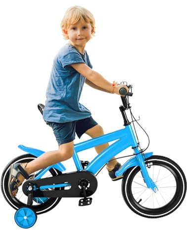 OMGGYER Kinderfahrrad 14 Zoll Fahrrad Kinder ab 2-4 Jahre Für Jungen & Mädchen, Kinder Fahrrad Höhenverstellbar mit Abnehmbare Stützräder, Rücktrittbremse und Kettenabdeckung (Blau)
