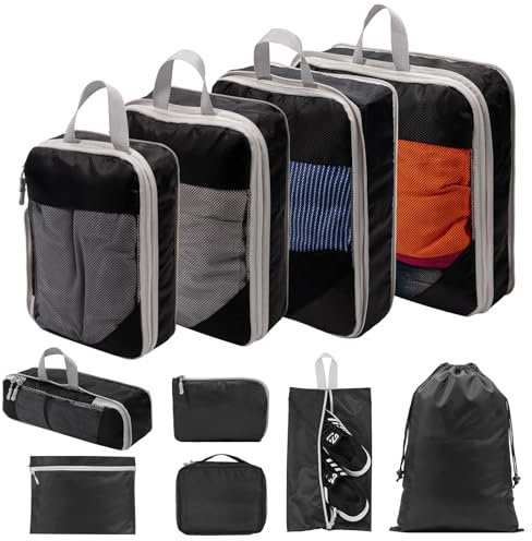 BillyBath Lot de 10 organiseurs de valise, sacs à vêtements, sacs à chaussures, organiseur de voyage, cubes de rangement, pour cosmétiques, sacs de voyage, Noir