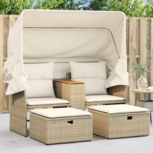 KOIECETA Gartensofa 2-Sitzer Outdoor Sofa mit Sonnendach Terrassensofa mit Hockern Gartenmöbel Sofagarnitur Gartengarnitur Poly Rattan Beige
