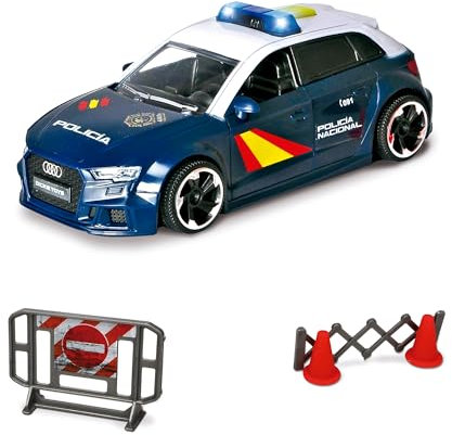 Dickie Toys- Audi RS3 - Coche de Policía Escala 1:32 (15cm), con Control de Carretera y Cono, Luz y Sonido, Accionamiento por fricción, para niños a Partir de 3 años (203713016SI2)
