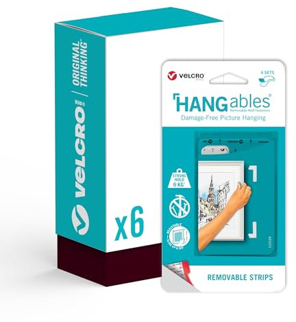 VELCRO Brand - HANGables Picture Hanging Corners - 6 Packs of 4 Sets - 44mm x 76mm Corners - Damage Free Picture Hanging for Pictures, Mirrors, Wall Décor - 4 Sets Hold 6kg - Hang up to 6 Pictures