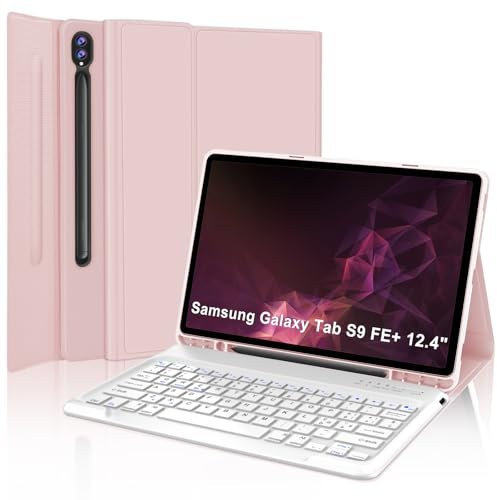 SENGBIRCH Coque avec clavier pour Samsung Galaxy Tab S9FE+ 12,4 , 12,4 pouces, coque Samsung tablette S9FE+ avec clavier Bluetooth, disposition italienne amovible magnétique, rose clair