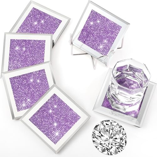 Jetec Crushed Diamond Home Decoration Glass Coaster Set of 6 with 1 Holder, Crystal Mirrored Diamond Coasters Housewarming Gifts for Home Kitchen Bar Table(Purple)