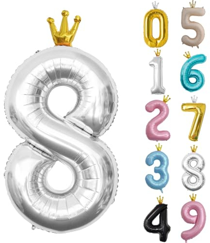 Zahl 8 Luftballon Silber, 101cm Riesen Zahlenballon Nummer 0 1 2 3 4 5 6 7 8 9 10 16 18 21 30 40 50 60 70 80 90 100, 40 Groß Folienballons für Hochzeit Jubiläum, Geburtstagsballons Party Dekoration