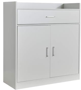 Home Source Shoe Cabinet, 2 Door 1 Drawer Storage, Compact Hallway Cupboard Organiser, Footwear Rack Stand, Wooden Sideboard, White