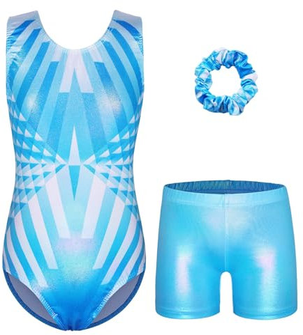 ZNYUNE Turnanzug Mädchen mit Hose Ärmellos Tanzbody Leotard Schnelltrocknend Langlebig für Gymnastik 3-16 Jahren Kinder B331 LightBlue 14A