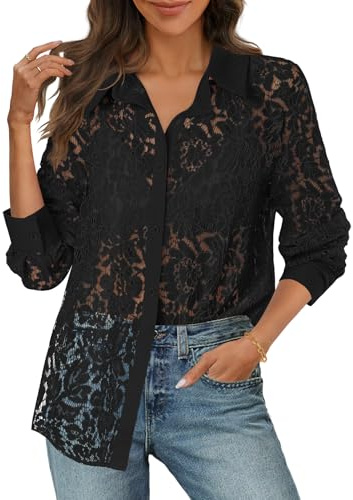 MEROKEETY Women's Lace Long Sleeve Shirts Sheer Blouses, Black, Large