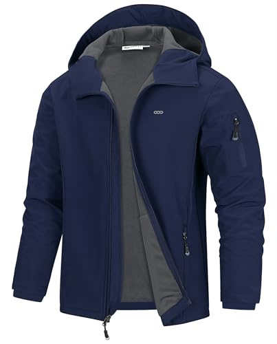 33,000ft Men's Waterproof Softshell Jackets Lightweight Hooded Rain Coat | Warm Fleece Lined Hiking Jackets with 5 Pockets, Outdoor Rain Jacket Work Windbreaker for Running, Cycling, Walking