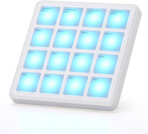 M-WAVE Almohadillas controladoras MIDI inalámbricas, 10 x 10 cm, 0,1 kg, controlador MIDI USB portátil Bluetooth con almohadillas de batería de 16 MPC, Repetición de nota, botones de nivel completo