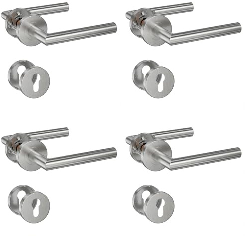 4 Pack of HENYIN Stainless Steel Door Lever Handle with Cylinder Hole Escutcheon,Mortise Door Lock Handle,Silver Color (SO2-103C-4)
