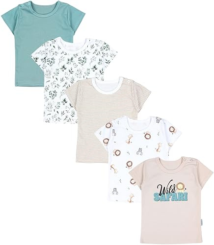 TupTam Baby Jungen Kurzarm T-Shirt mit Aufdruck Unifarben Sterne Streifen 5er Set, Farbe: Tiersafari Blätter Salbei Beige Streifen, Größe: 98