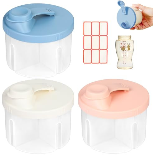 3 Stück Milchpulver Portionierer Baby, Tragbarer Milchpulver Aufbewahrungsbox, 4 Fächern Milch Portionierer, Baby Pulver Behälter mit Etikettenaufkleber für Outdoor, Reisen (Rosa/Beige/Blau)