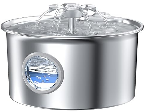 Fontaine a Eau Chat INOX: Fontaine à Eau pour Chat - 2,6L Distributeur Automatique - Distributeur Chien Acier Inoxydable - Cascade de Fleurs - avec Fenêtre de Niveau D’Eau - avec 1 Filtre+1 éponge