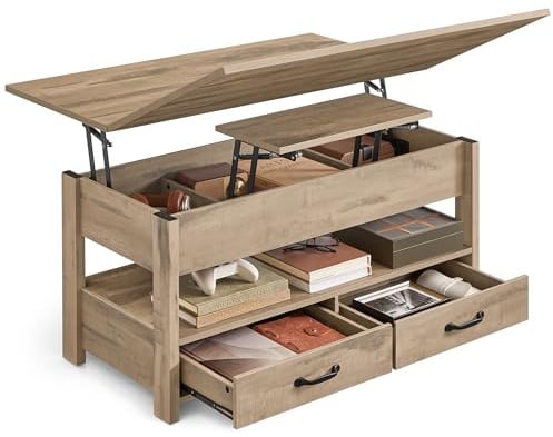 VASAGLE Couchtisch, höhenverstellbarer Wohnzimmertisch, Gaszylinder, 2 Schubladen und 3 versteckte Fächer, Kaffeetisch, 1 offenes Fach, für Wohnzimmer, Homeoffice, Kamelbraun LCT254L01