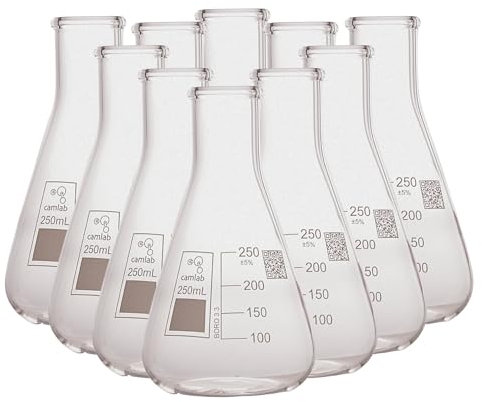 Camlab Graduated 3,3 Borosilicate Glass Erlenmeyer Flask, With Narrow Mouth, Conical Flask, Chemically Resistant and Heat Resistant, 250ml Glass Beaker, Pack of 10