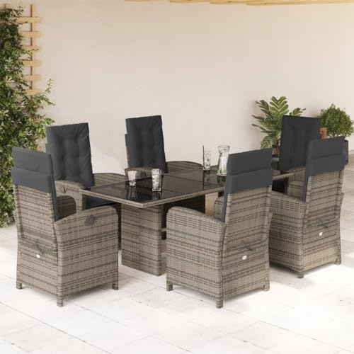 IKAYAA Gartenmöbel Set mit Tisch und 6 Verstellbare Hochlehner Stühlen, Sitzgruppe Outdoor für 6 Personen, Essgruppe für Garten Terrasse, inkl. Sitzkissen Grau