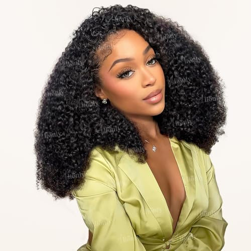 Half Wig Human Hair 200 Density Kinky Curly Half Wig 22 Inch 3 In 1 Seamless Flip Over Glueless Wigs Human Hair with Drawstring Beginner Friendly Curly Wig Headband Wig for Women Daily Wear