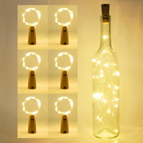 Aiguozer 6 Stück LED Flaschen Licht Korken Warmweiß, 20 LEDs 2M Flaschenlicht Lichterkette mit 36 Batterien(24 extra) Weinflasche Nacht Licht, für DIY Deko Party Urlaub