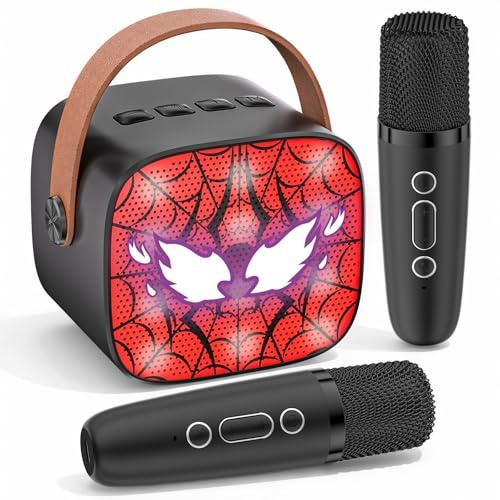Spider Micro Karaoke Enfant, Jouet Cadeau Garcon Fille 3 4 5 6 7 8 9 10 11 12 Ans, Micro Karaoké Enfant pour Chanter avec 2 Microphone sans Fil Bluetooth, Cadeau Anniversaire Noël Garcon (Noir)
