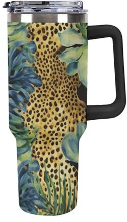 1180 ml große Kapazität Auto Tasse Druck Tier Leopard Druck Dschungel Cup Doppelwand Vakuum Isolierte Wasserflasche Auslaufsicher Tumbler mit Griff und Strohhalm Isolierte Becher