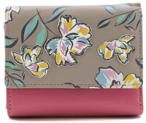 Mala Leather Zinnia Flower Tri-Fold Purse – Genuine Leather – Floral Appliqué – 9 Card Slots, 2 ID Windows, Zip Coin Pocket – Grey/Pink or Purple/Grey – 11 x 9 x 3.5 cm (Pink)