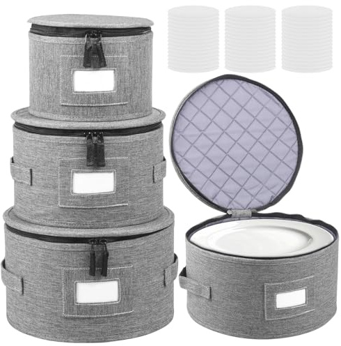 Zhjiutak Dish Storage Containers,Plate Carrier Set,4pcs China Storage Container with Lid 18.5/23/25/30cm Felt Plate Dish Holder with 48 Dividers Camping Dinnerware Organiser (Dishs not included)