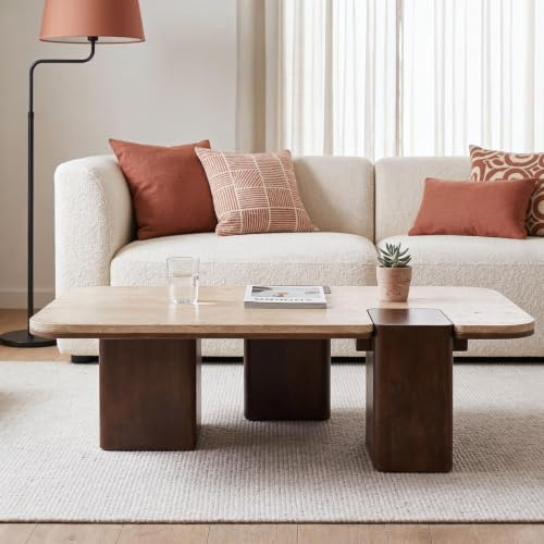 IDIMEX Couchtisch SURAT mit doppelter Tischplatte aus Mangoholz und Travertin, 100 x 27 x 60 cm, Braun/Beige - Moderner Wohnzimmertisch mit eingefasster Tischplatte Clubtisch, Coffee Table