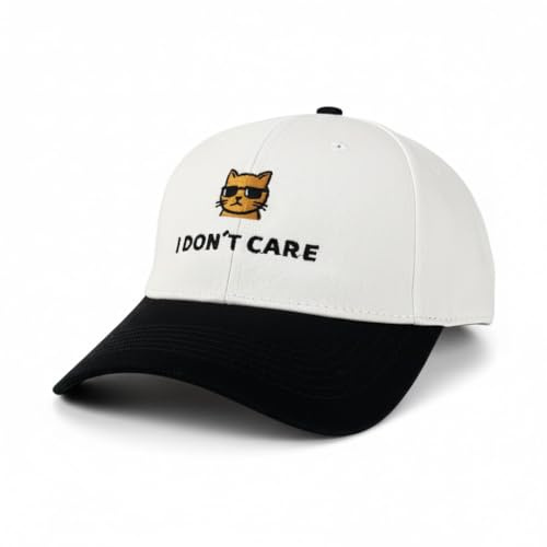 Tindo Katzen Kappe – Weiß/Schwarz Unisex Baseballkappe mit gestickter Katze & „I Don’T Care“-Schriftzug | 100% Baumwolle | Verstellbare One Size Fun & Streetwear Cap