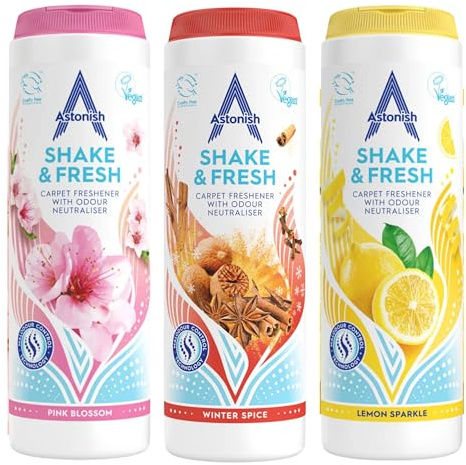 Astonish Shake & Fresh Trio Lemon Pink Peony Winter Spice Carpet Fresheners with Malodour Control Technology - Odor Neutralizing Powder Variety Pack for Dry Carpets Long-Lasting Home Fragrance