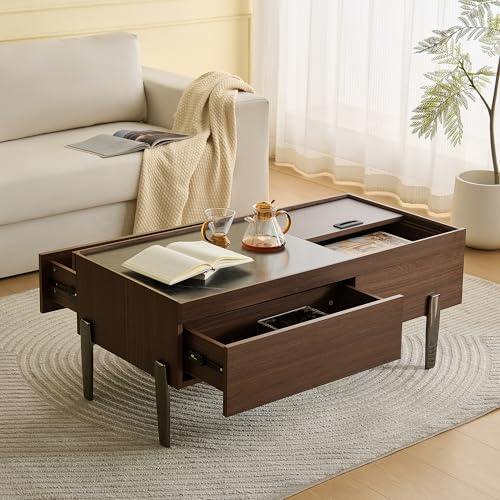VSOGA Table basse moderne avec tiroirs et plateau en verre - Design en bois marron foncé avec aspect marbre, pieds en métal, beaucoup d'espace de rangement pour le salon